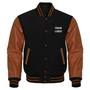 Veste varsity en laine noire pour homme avec manches en cuir marron, coupe classique, col rabattu, fermeture éclair, vêtement décontracté pour l'automne - Product Image 1