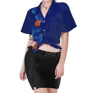Hot Wholesale <b>Women's</b> <b>Hawaiian</b> Crop Top Short Sleeve Loose Fit Woven Slub Cotton <b>Shirt</b> - Product Image 2
