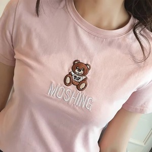 เสื้อยืดผ้าฝ้ายผู้หญิงสีชมพูแขนสั้นคอกลมปักลายการ์ตูนหมีเสื้อลำลองฤดูร้อน - Product Image 2