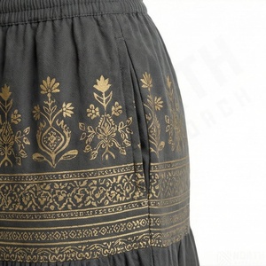 Falda Midi de Cintura Alta Elástica con Estampado Floral Negro, Estilo Bohemio Informal para Mujer - Product Image 5