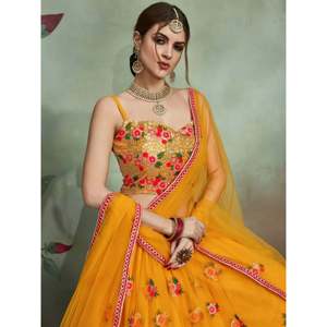 Yellow Thread Embroidered <b>Net</b> Haldi Wear Plus Size Lehenga Choli for Women - Product Image 5
