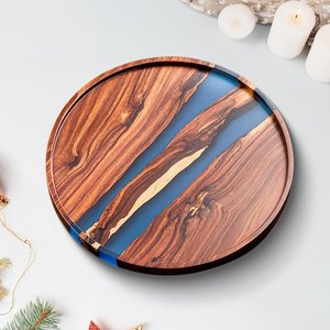 Plateau de rangement moderne en bois avec incrustation en résine bleue, forme rectangulaire, à un seul niveau, finition vernie, durable pour la salle de bain, le bureau, la vaisselle - Product Image 3