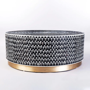 Mesa de centro negra hecha a mano de estilo minimalista, diseño único de incrustaciones de hueso de altura ajustable con patrón de resplandor solar para decoración del hogar - Product Image 1