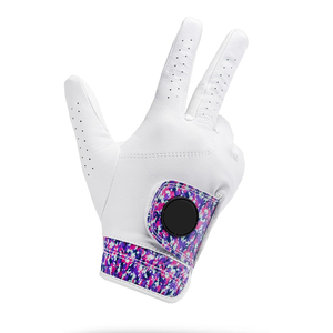 Gant de golf en cuir blanc pour femme avec motif rose et violet, fermeture auto-agrippante, antidérapant, main droite - Product Image 1