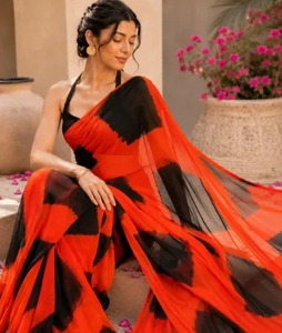 Sari KV para Mujer, Estampado Shibori Naranja y Negro, Rayón Puro, Secado Rápido, Otoño - Product Image 6