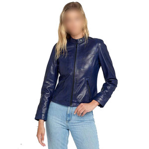 Women's Genuine Leather Moto Jacket Stand Collar Full Sleeve <b>Zipper</b> Closure Blue Solid Color Autumn Wear - Product Image 1