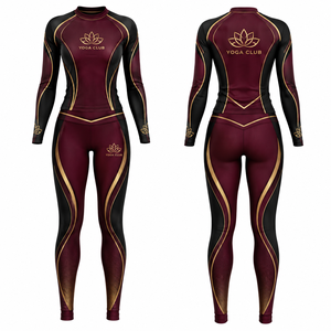 Yoga Club Women's Full Length Long Sleeve <b>Crop</b> <b>Top</b> Yoga Set Maroon Black Gold Contrast Breathable Spandex Polyester Elastic - Product Image 1