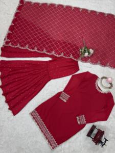 Conjunto de Traje Sharara Moderno de Primera Calidad en Georgette Sintética con Bordado y Lentejuelas |   Traje de Fiesta de Secado Rápido con Dupatta para Mujer - Product Image 6