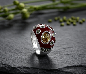 Art Palace Vintage Cocktail <b>Ring</b> 925 <b>Silver</b> Plated Red Enamel Citrine Oval Stone Marcasite Bezel Setting Unisex Jewelry - Product Image 2