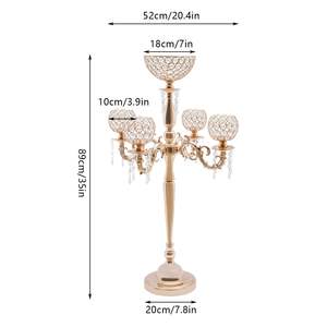 Candélabre doré avec accents en cristal, porte-bougie à 5 bras, décoration d'intérieur, décoration de mariage - Product Image 6