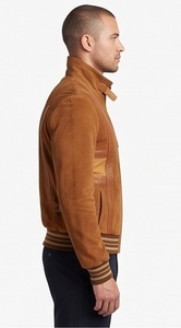 Wholesale <b>Men</b> <b>Suede</b> Bomber <b>Jacket</b> Vintage Cognac Custom Slim Fit Leather Trim Ribbed Eco-Friendly Windproof Outerwear Factory - Product Image 4