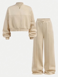 Women's Beige Fleece Tracksuit Set <b>Cropped</b> <b>Zip</b> <b>Up</b> Bomber Hoodies and Wide Leg Pants Casual Outdoor Wear - Product Image 1