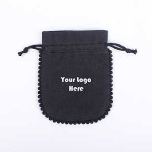 Custom Logo Cotton <b>Drawstring</b> <b>Pouch</b> Black Jewelry Packaging Bag With Pom Pom Trim Hot Stamping Printing Accessories - Product Image 3