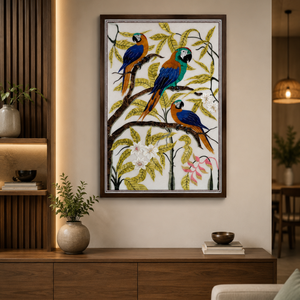 Panel de Arte Mural de Lujo con Incrustaciones de Mármol, Diseño de Pájaro Ara, Hecho a Mano con Piedra Dura, Mosaico de Piedras Semipreciosas, Decoración Moderna para Bodas - Product Image 1