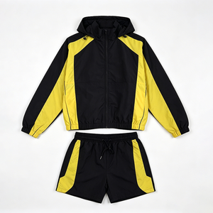 Men's Contrast Panel Windbreaker Jacket and Shorts Set Lightweight Hooded Training Activewear - Product Image 6