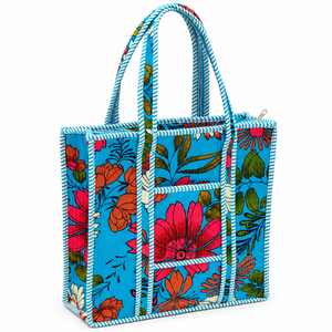 Floral Panelled Canvas Tote <b>Bag</b> With Zipper Closure Insulated Bohemian Style All Seasons Shopping <b>Bag</b> - Product Image 1