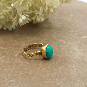 Vintage Oval <b>Turquoise</b> <b>Ring</b> 14K Gold Plated Scalloped Infinity Band Boho Western Unisex Daily Wear Jewelry - Product Image 2