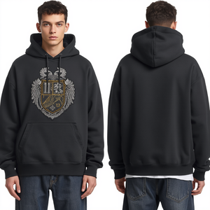 Nouveau Hoodie Homme Lourd en Molleton de Coton 100% avec Broderie Chenille et Patchwork en Sergé Extérieur, Coupe Oversize, Construction de Luxe - Product Image 1