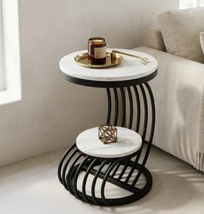 Modern Round Console <b>Table</b> with <b>Marble</b> <b>Top</b> and Metal Pedestal Base for Courtyard Furniture - Product Image 2