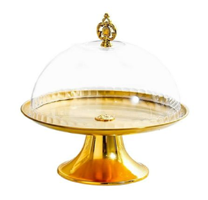 ฐานวางเค้กทรงคลาสสิกสีทอง พร้อมโดมแก้วใสและหัวประดับตกแต่ง มีจำหน่ายในราคาขายส่ง - Product Image 1