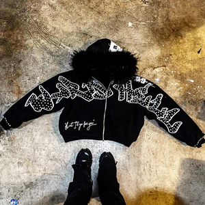 Custom High Quality Embroidered <b>Rhinestone</b> Hoodies Zip up <b>Jackets</b> Heavyweight French Terry Faux Fur Hoodie Manufacturer - Product Image 1