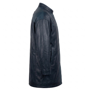 Abrigo de Cuero Genuino Azul Marino para Hombre, Estilo Trench, Cierre Asimétrico con Broches, Ropa de Invierno para Motociclistas, Abrigo Personalizado, Proveedor - Product Image 3