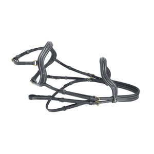 Bridon de cheval en cuir noir avec surpiqûres blanches et ferrures en laiton - Product Image 5