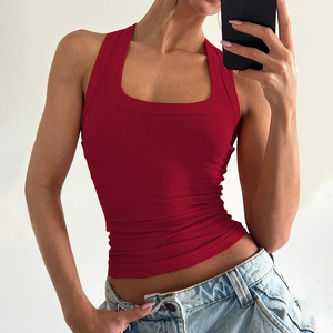 Custom Breathable Quick Dry Knitted Stretch Scoop Neck Sleeveless Rib Tank <b>Top</b> <b>Racer</b> <b>Back</b> Gym Fitness Ribbed Women's Polyester - Product Image 6
