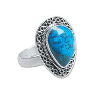 Anillo Minimalista Unisex de Plata Bañada con Bisel de Crisocola Natural, Joyería Fina Hecha a Mano, Certificado - Product Image 2