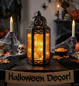 Linterna LED de Metal Vintage, Decorativa para Halloween, Luz Colgante, Vidrio con Patrón Ámbar, Funciona con Batería, Decoración para Hogar, Jardín y Mesa - Product Image 2