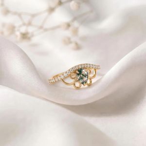 Natural <b>Green</b> Moss Agate Pear <b>Ring</b> Nature Inspired Engagement <b>Ring</b> Handmade 925 Sterling Silver 18K Gold Filled Wedding <b>Ring</b> - Product Image 2