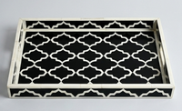 Plateau de service carré de luxe en résine/bois avec incrustation géométrique/mosaïque en os, durable, pour table basse ou ottoman |   Fait main et respectueux de l'environnement