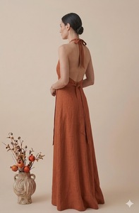 Halter Neck Linen Maxi <b>Dress</b> Vintage Solid Color Loose Sheath Sleeveless Natural Waist Breathable Woven Summer Casual Minimalist - Product Image 2