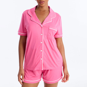 Ensemble de pyjama en coton rose pour femmes, manches courtes, boutons sur le devant, vêtements de nuit décontractés, vêtements de détente d'été avec bordure blanche - Product Image 1