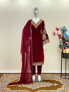 Robe en velours de style traditionnel pakistanais avec dupatta, broderie lourde, réversible, protection solaire, lavable à la main, vêtements ethniques pour femmes - Product Image 3