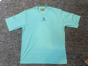 <b>Men's</b> Light Blue Short Sleeve Cotton T-<b>Shirt</b> O-Neck Casual Solid Oversized Fit Breathable Canvas Knitted Front Logo High Street - Product Image 1
