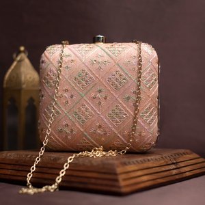 Peach <b>Sequins</b> Embroidery Party Clutch <b>Bag</b> Elegant Designer Evening Purse for Women Events - Product Image 1