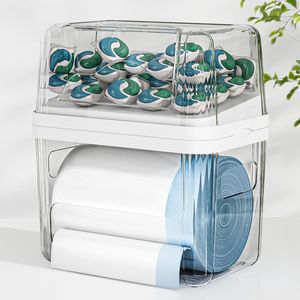 Organisateur de cuisine 2-en-1 : support pour sacs poubelles avec couvercles amovibles, conteneur pour lessive et dosettes lave-vaisselle, distributeur de sacs poubelles - Product Image 1