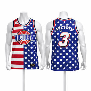 Maillot de basket-ball personnalisé style USA pour hommes, rouge, blanc, bleu, sans manches, en mesh, uniforme d'équipe, impression par sublimation, t-shirt de sport - Product Image 1