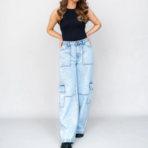 Nuevos pantalones cargo de mezclilla para mujer, estilo casual, con bolsillos grandes, pierna recta, técnica lavada, ideales para el verano y el trabajo. - Product Image 5