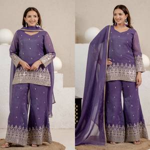 Conjunto de Ropa Étnica con Accesorios: Top de Seda Crujiente Regional de 3mm con Bordado de Lentejuelas y Palazzo Elegante con Dupatta (NW 3103) - Product Image 5