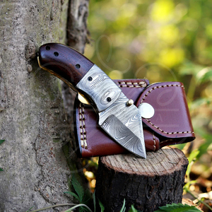 มีดพับเหล็กดามัสกัสขนาดเล็ก ด้ามไม้เนื้อแข็งสีเข้ม ทำมือแบบสั่งทำพิเศษ มีด EDC สำหรับพกพา มีดสำหรับตั้งแคมป์กลางแจ้ง - Product Image 1