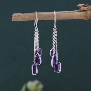 Pendientes Largos de Amatista Natural con Cadena, Plata de Ley 925, Pendientes de Gancho con Cadena, Joyería al por Mayor para Mujer - Product Image 3