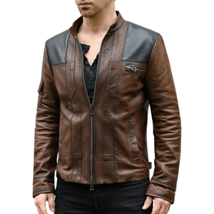 <b>Mens</b> <b>Brown</b> Black Genuine <b>Leather</b> Streetwear <b>Jackets</b> Shoulder Panels Stand Collar Zip Front Chest Pocket Premium Custom Outerwear - Product Image 6