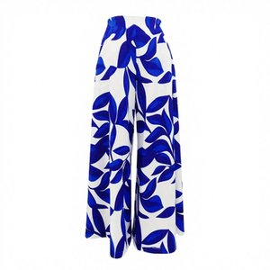 High Waisted Wide Leg <b>Pants</b> Women Blue White Floral Print Chiffon Loose Full Length Elastic Waist <b>Summer</b> Casual <b>Pants</b> - Product Image 1