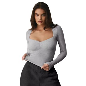 Body de Manga Larga con Cuello Cuadrado para Mujer, Ajustado, de Color Sólido, Tejido de Punto, Transpirable, Estilo Minimalista, para Todas las Temporadas - Product Image 4