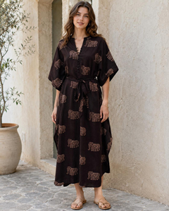 Animal Print Boho Kaftan Dress Brown Cotton Blend Tunic Batwing Lounge Cover Up customize Kaftan For women - Product Image 1