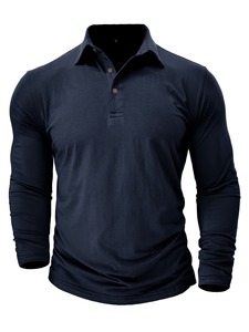เสื้อโปโลแขนยาวผู้ชายใส่สบายสำหรับฤดูใบไม้ร่วง ผ้าเนื้อนุ่ม สีพื้นเรียบง่าย สั่งทำได้ ทรงปกติ สีน้ำเงินเข้ม - Product Image 4