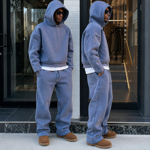 Ensemble de survêtement en molleton épais pour homme, 100 % coton, coupe régulière, sweat à capuche oversize et pantalon de survêtement, 2 pièces, respirant, décontracté, hiver, OEM - Product Image 2