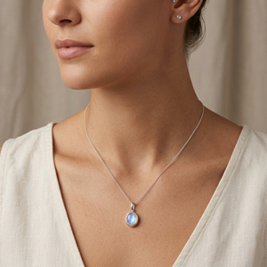 จี้รูปไข่ประดับมูนสโตนสีรุ้งธรรมชาติ ตัวเรือนเงินแท้ชุบเงิน พร้อมใบรับรอง IGI - Product Image 6